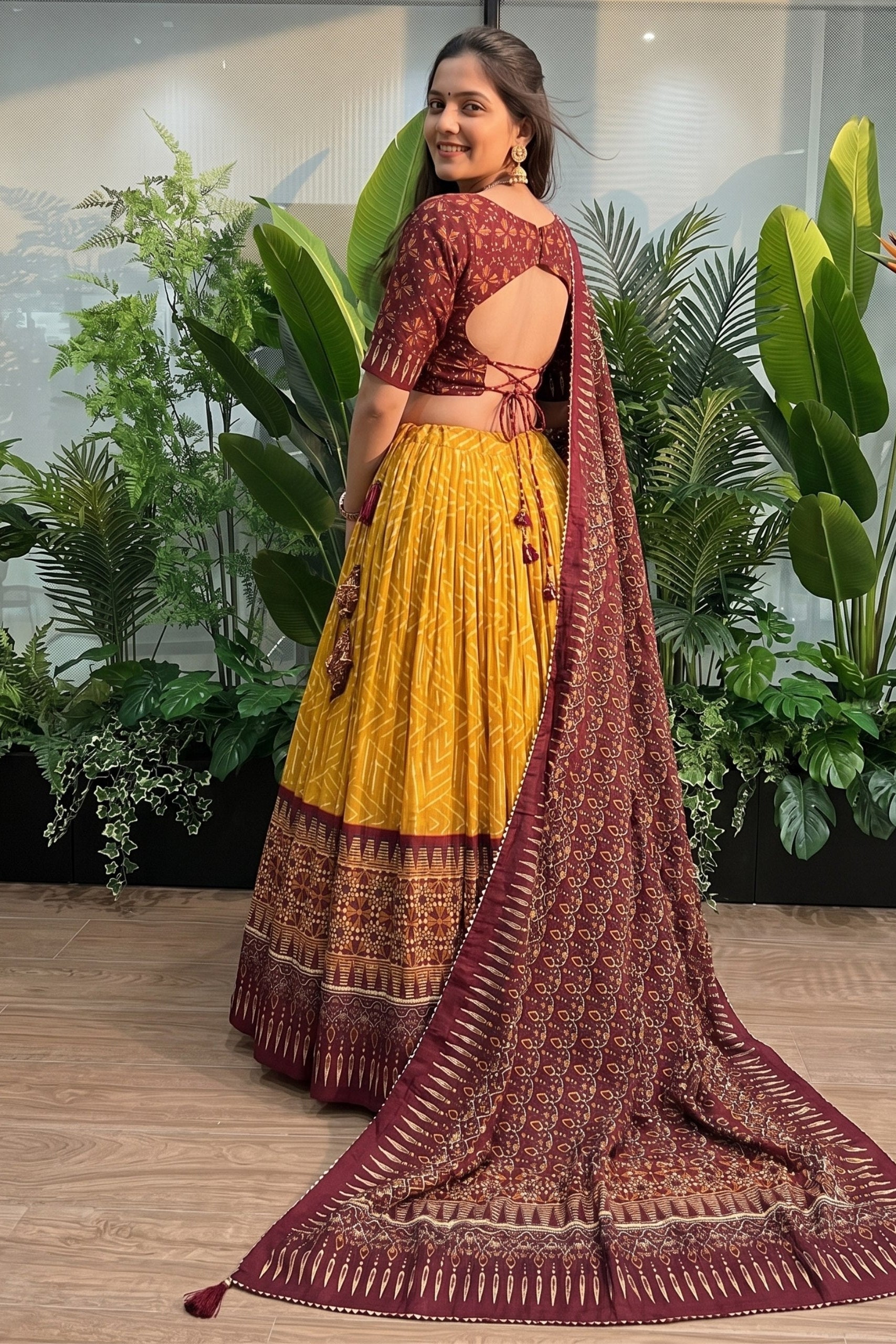 Women's Mustard Yellow Tussar Silk Ajrakh Print Lehenga Choli with Dupatta | Designer Navratri, Garba, Dandiya, Wedding & Festive Wear Lehenga Set