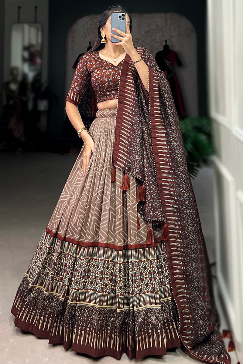Women's Brown Tussar Silk Ajrakh Print Lehenga Choli with Dupatta | Designer Navratri, Garba, Dandiya, Wedding & Festive Wear Lehenga Set