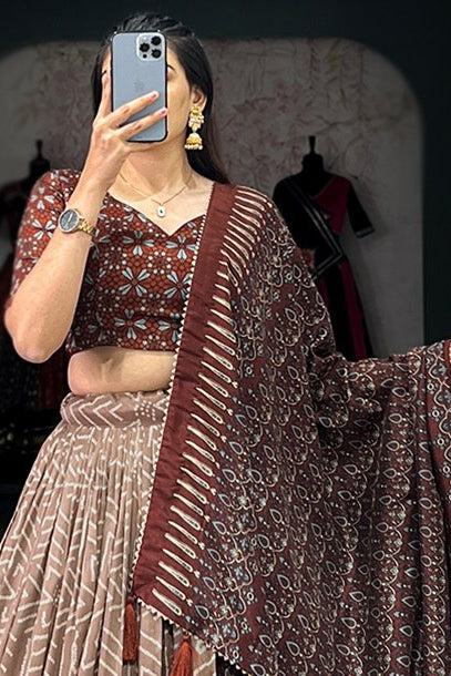 Women's Brown Tussar Silk Ajrakh Print Lehenga Choli with Dupatta | Designer Navratri, Garba, Dandiya, Wedding & Festive Wear Lehenga Set