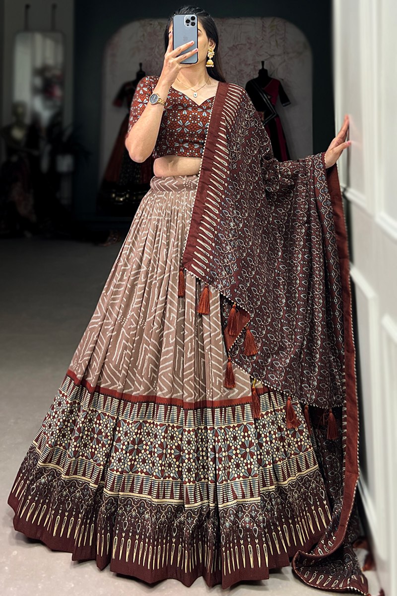 Women's Brown Tussar Silk Ajrakh Print Lehenga Choli with Dupatta | Designer Navratri, Garba, Dandiya, Wedding & Festive Wear Lehenga Set