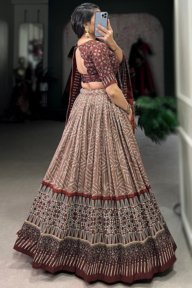Women's Brown Tussar Silk Ajrakh Print Lehenga Choli with Dupatta | Designer Navratri, Garba, Dandiya, Wedding & Festive Wear Lehenga Set
