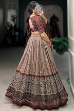 Women's Brown Tussar Silk Ajrakh Print Lehenga Choli with Dupatta | Designer Navratri, Garba, Dandiya, Wedding & Festive Wear Lehenga Set