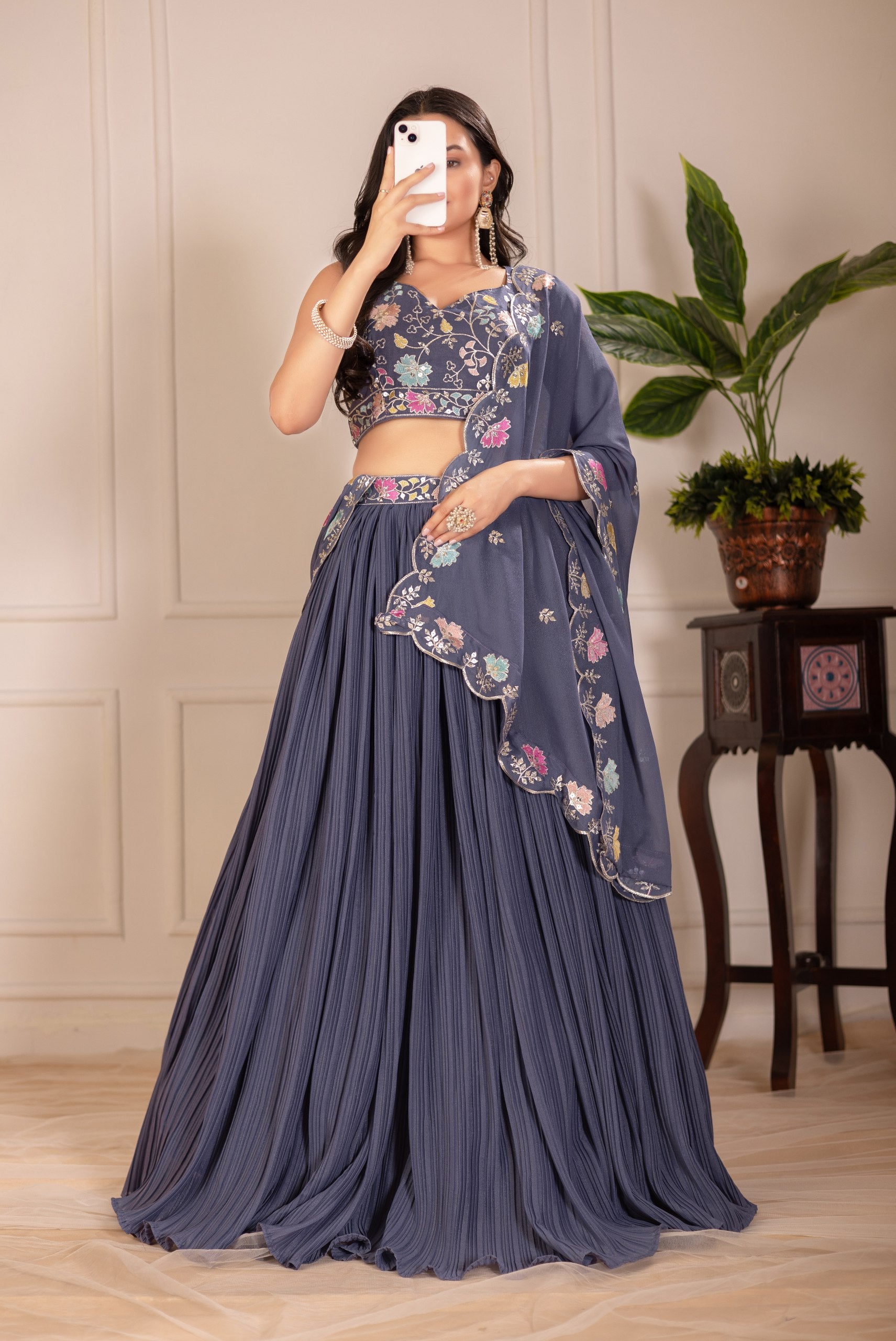 Women's Wine Star Fox Georgette Embroidered Lehenga Choli with Dupatta | Designer Party Wear, Wedding, Reception, Engagement & Festive Lehenga Set