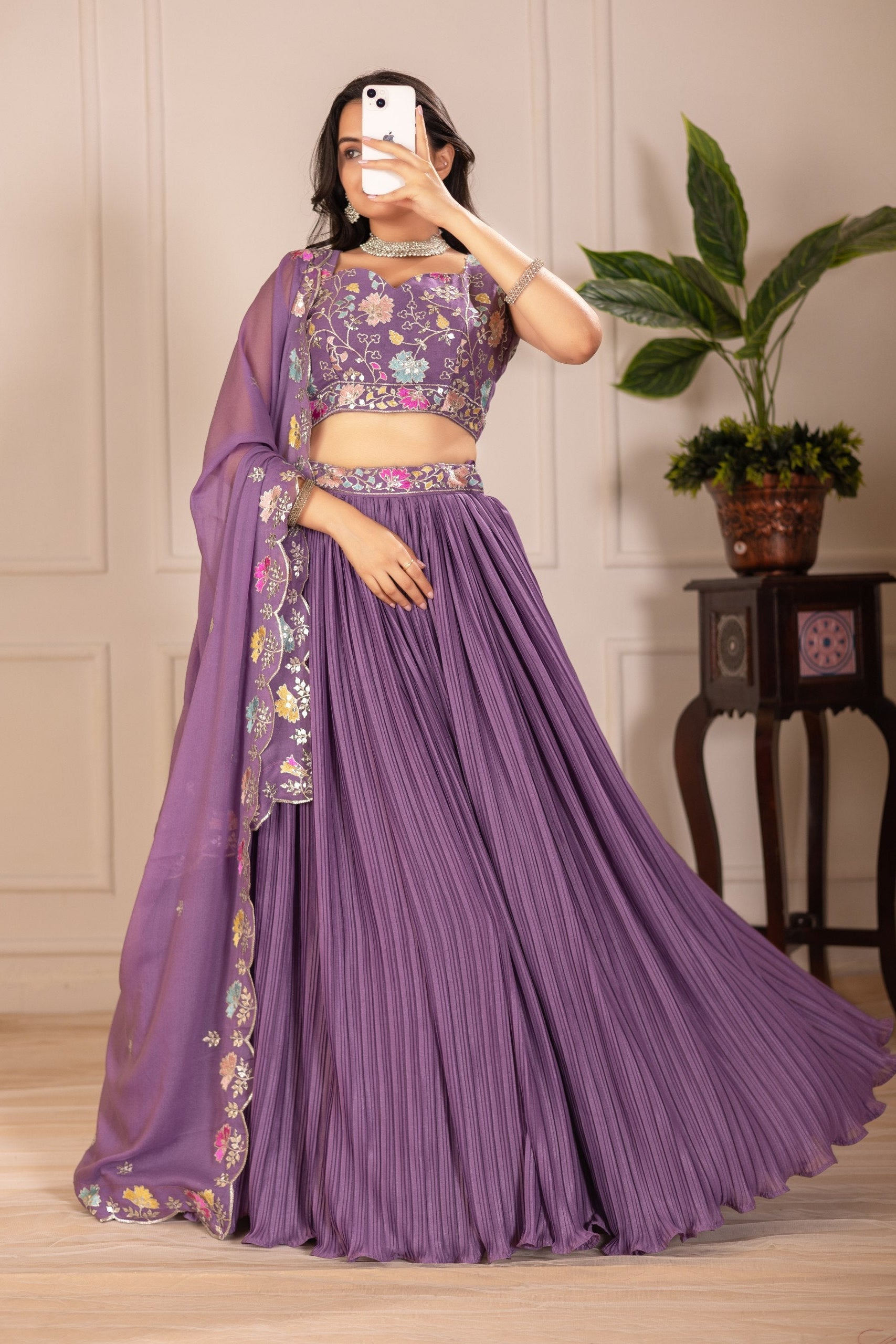 Women's Wine Star Fox Georgette Embroidered Lehenga Choli with Dupatta | Designer Party Wear, Wedding, Reception, Engagement & Festive Lehenga Set