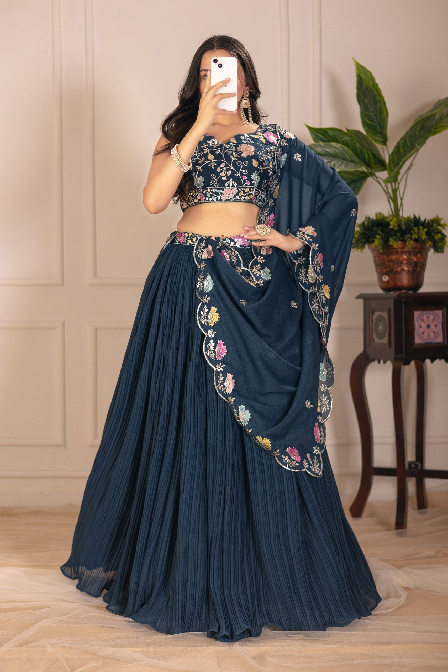 Women's Wine Star Fox Georgette Embroidered Lehenga Choli with Dupatta | Designer Party Wear, Wedding, Reception, Engagement & Festive Lehenga Set