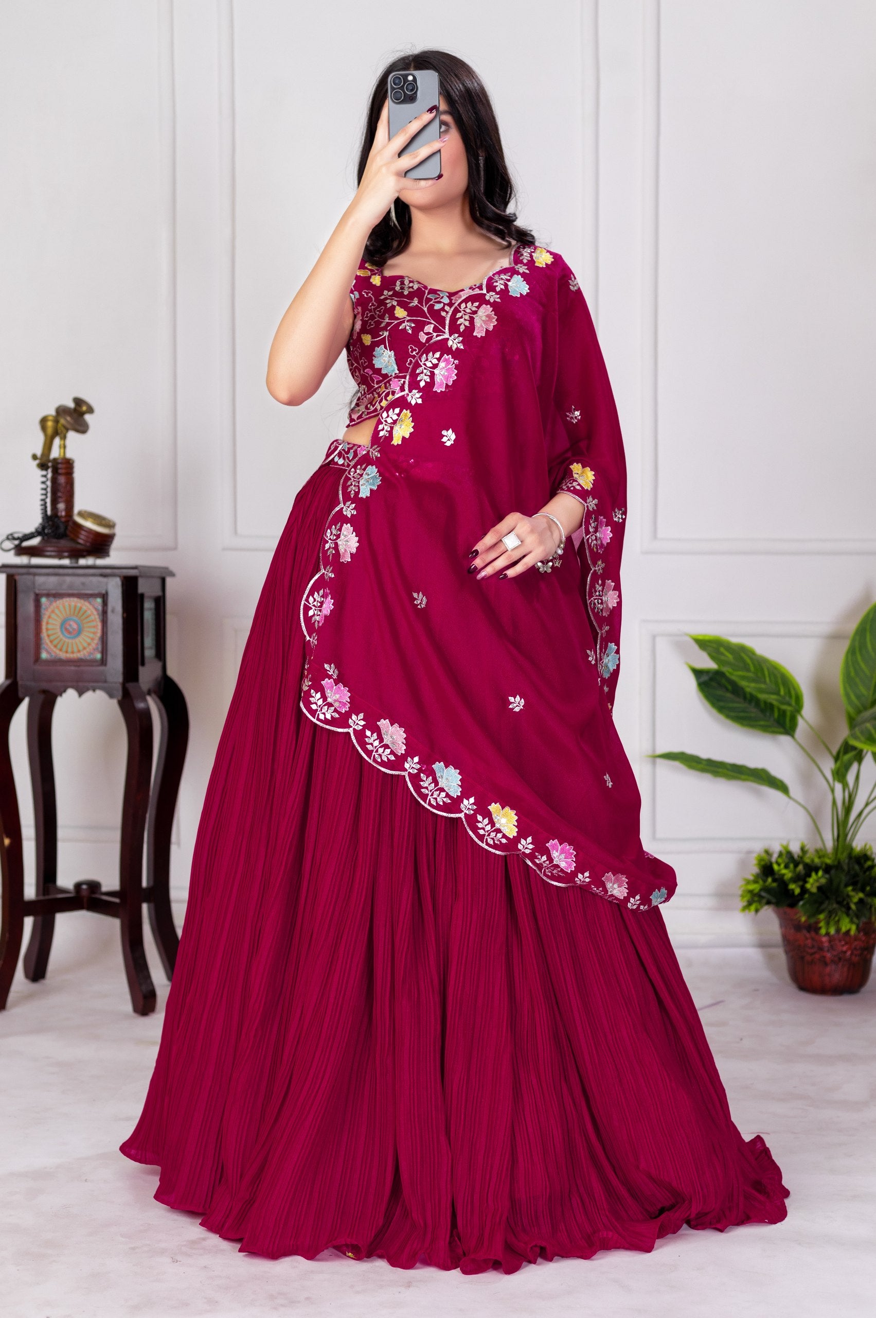 Women's Wine Star Fox Georgette Embroidered Lehenga Choli with Dupatta | Designer Party Wear, Wedding, Reception, Engagement & Festive Lehenga Set