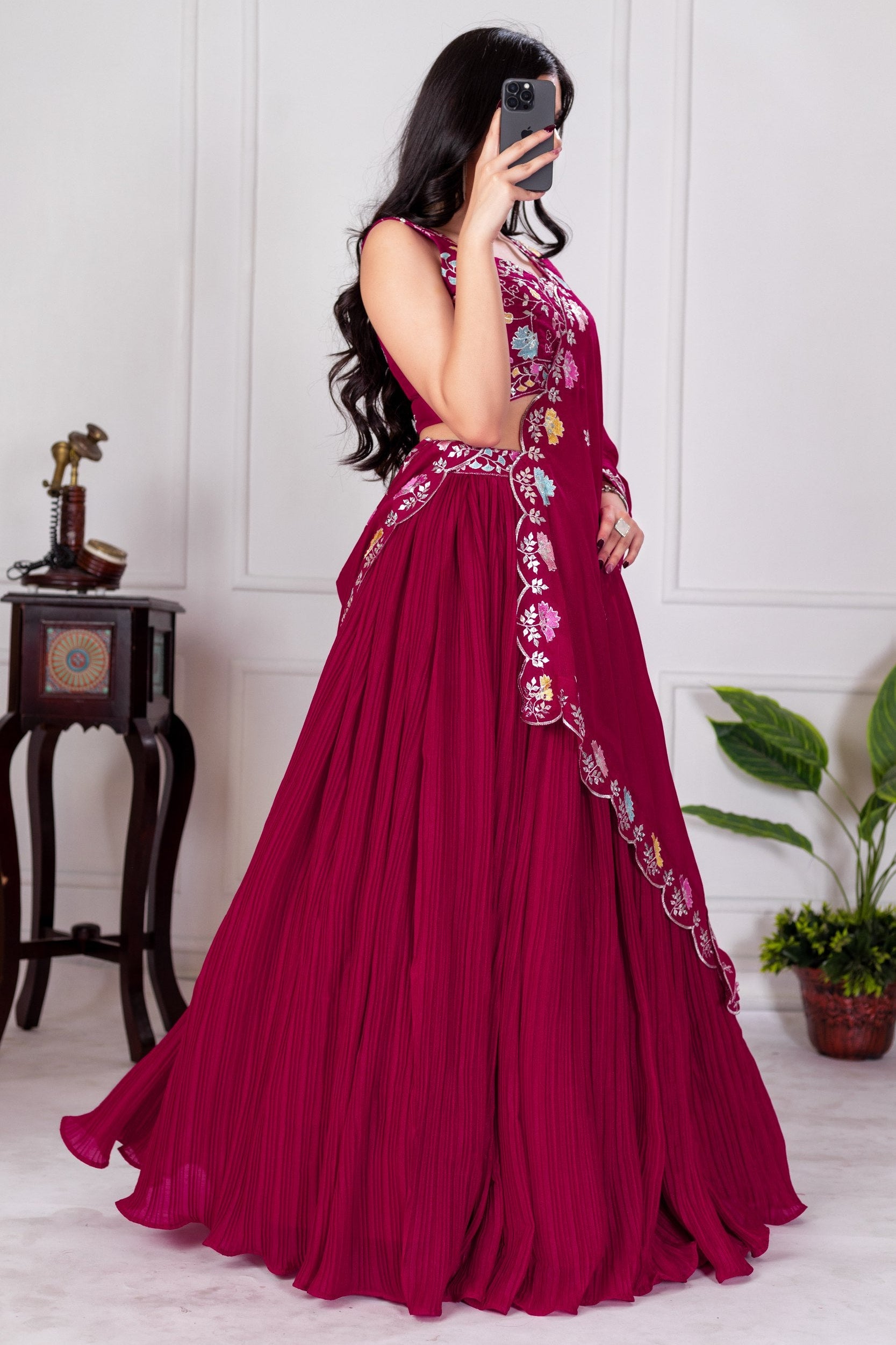 Women's Wine Star Fox Georgette Embroidered Lehenga Choli with Dupatta | Designer Party Wear, Wedding, Reception, Engagement & Festive Lehenga Set