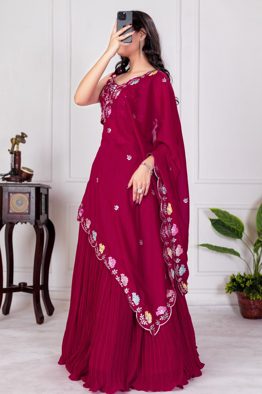 Women's Wine Star Fox Georgette Embroidered Lehenga Choli with Dupatta | Designer Party Wear, Wedding, Reception, Engagement & Festive Lehenga Set