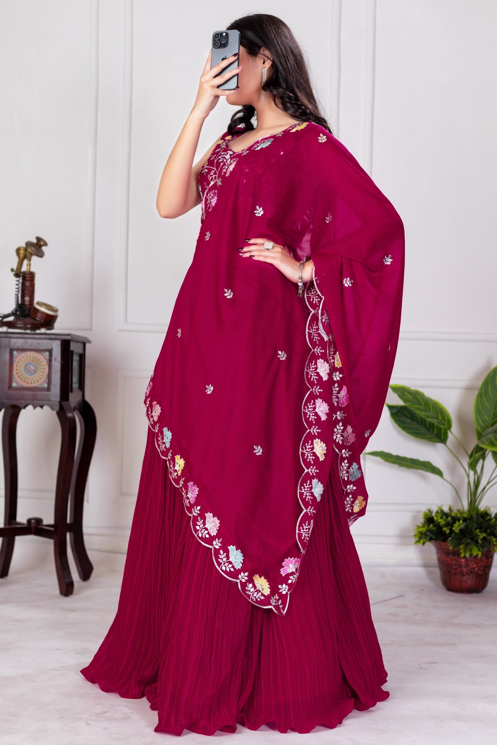 Women's Wine Star Fox Georgette Embroidered Lehenga Choli with Dupatta | Designer Party Wear, Wedding, Reception, Engagement & Festive Lehenga Set