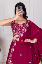 Women's Wine Star Fox Georgette Embroidered Lehenga Choli with Dupatta | Designer Party Wear, Wedding, Reception, Engagement & Festive Lehenga Set