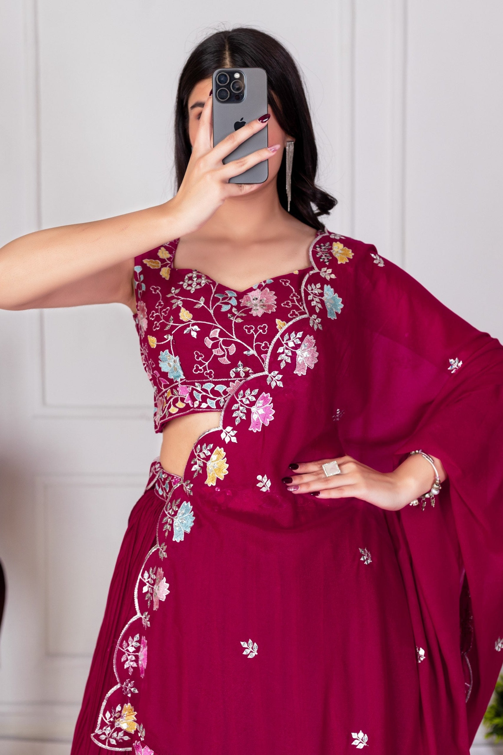 Women's Wine Star Fox Georgette Embroidered Lehenga Choli with Dupatta | Designer Party Wear, Wedding, Reception, Engagement & Festive Lehenga Set