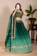 Women's Dark Green Ombre Heavy Embroidered Lehenga Choli with Soft Net Dupatta | Wedding, Reception, Engagement & Party Wear Designer Lehenga Set