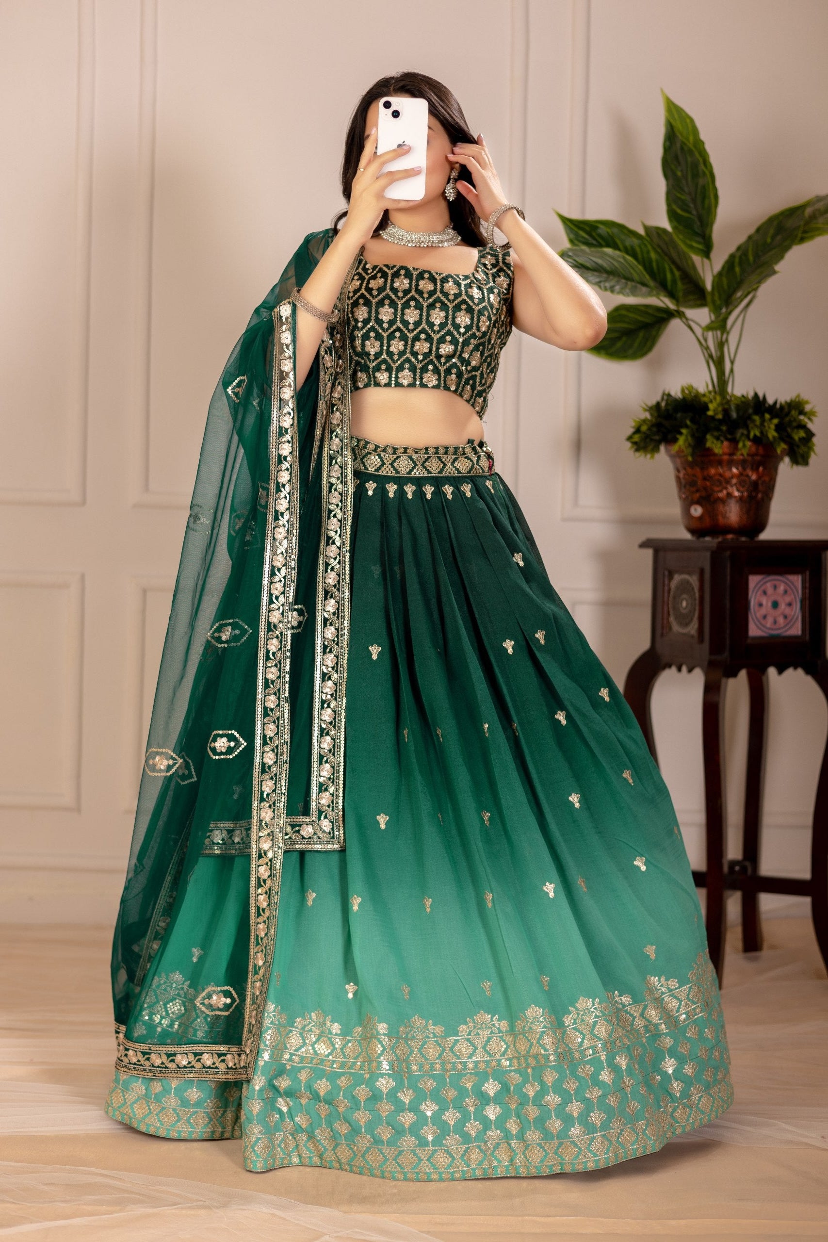 Women's Dark Green Ombre Heavy Embroidered Lehenga Choli with Soft Net Dupatta | Wedding, Reception, Engagement & Party Wear Designer Lehenga Set