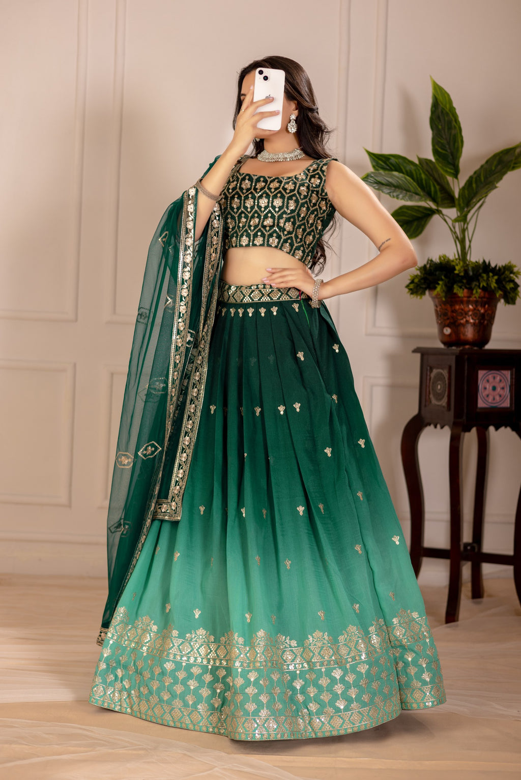 Women's Dark Green Ombre Heavy Embroidered Lehenga Choli with Soft Net Dupatta | Wedding, Reception, Engagement & Party Wear Designer Lehenga Set