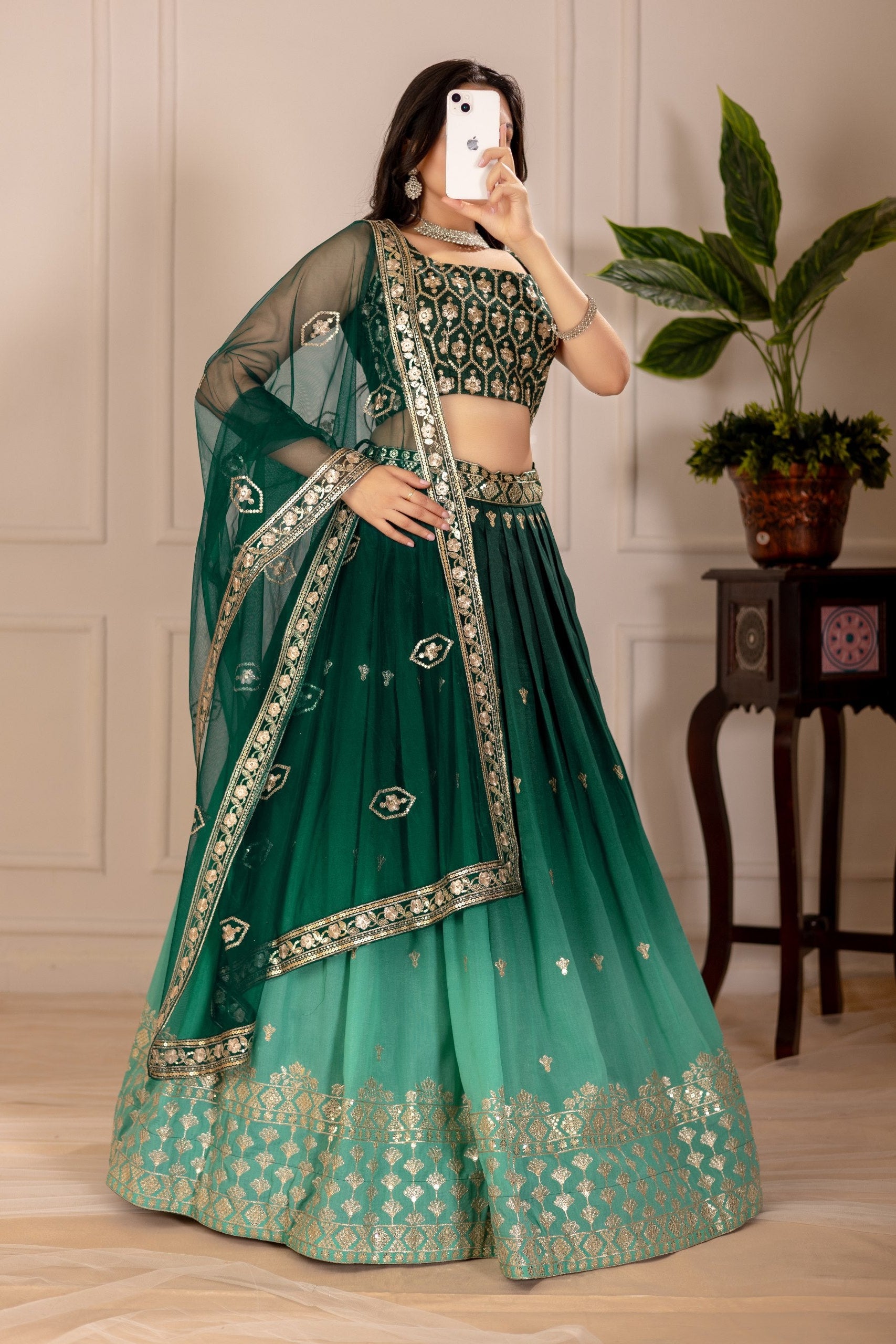 Women's Dark Green Ombre Heavy Embroidered Lehenga Choli with Soft Net Dupatta | Wedding, Reception, Engagement & Party Wear Designer Lehenga Set