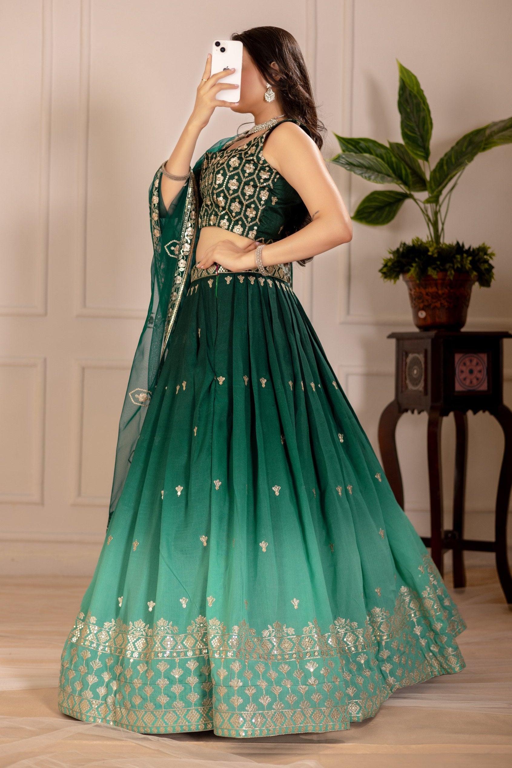 Women's Dark Green Ombre Heavy Embroidered Lehenga Choli with Soft Net Dupatta | Wedding, Reception, Engagement & Party Wear Designer Lehenga Set