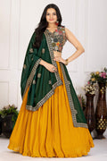 Women's Mustard Yellow Pleated Lehenga Choli with Dark Green Embroidered Dupatta | Designer Festive, Navratri, Wedding & Party Wear Lehenga Set