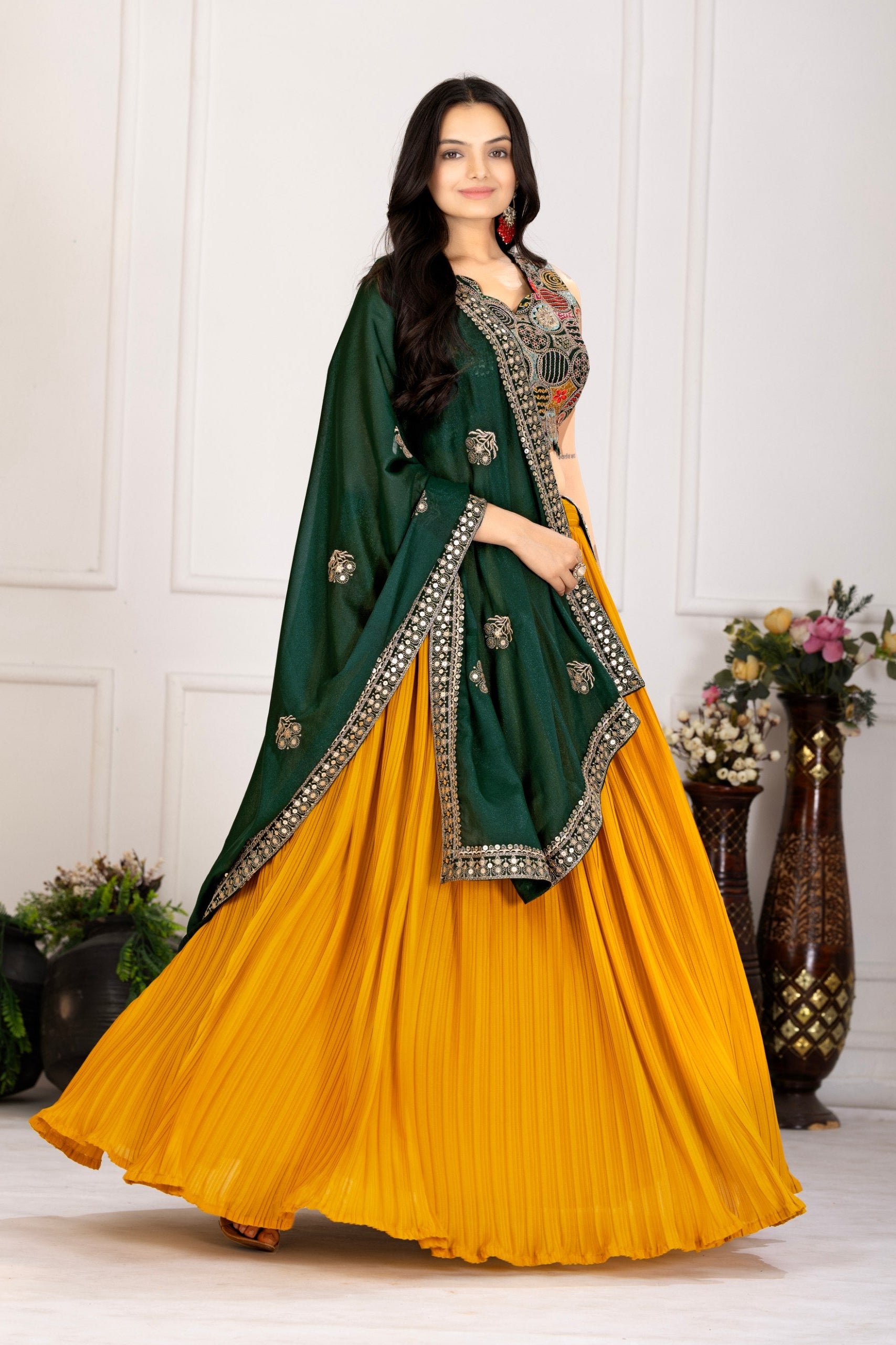 Women's Mustard Yellow Pleated Lehenga Choli with Dark Green Embroidered Dupatta | Designer Festive, Navratri, Wedding & Party Wear Lehenga Set