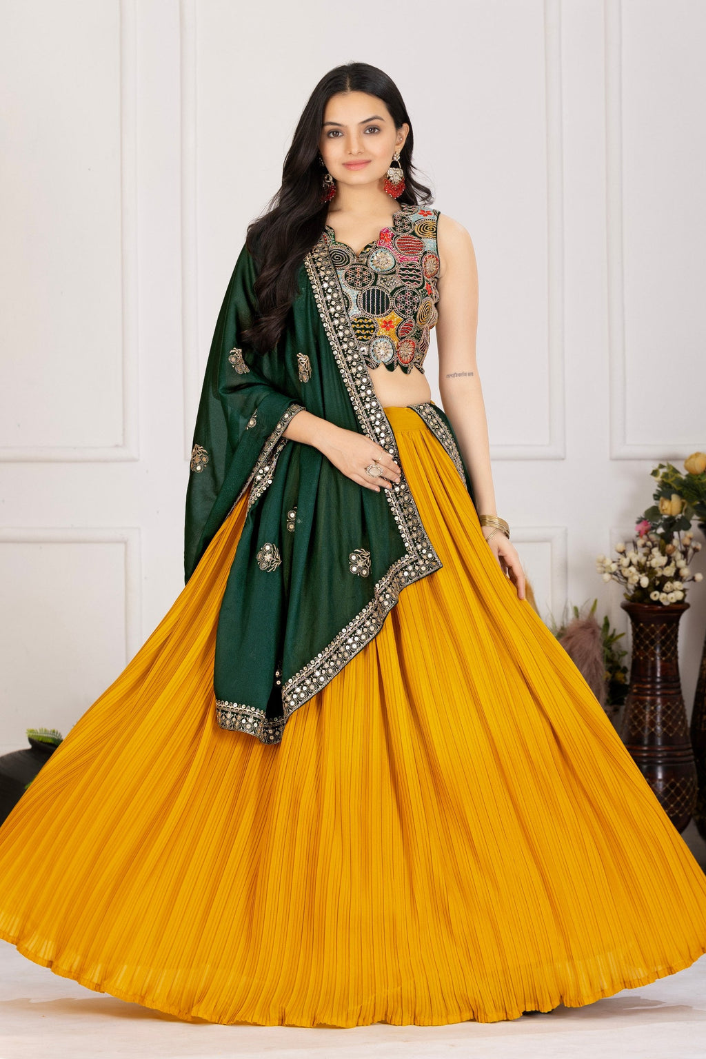 Women's Mustard Yellow Pleated Lehenga Choli with Dark Green Embroidered Dupatta | Designer Festive, Navratri, Wedding & Party Wear Lehenga Set