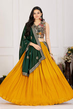 Women's Mustard Yellow Pleated Lehenga Choli with Dark Green Embroidered Dupatta | Designer Festive, Navratri, Wedding & Party Wear Lehenga Set
