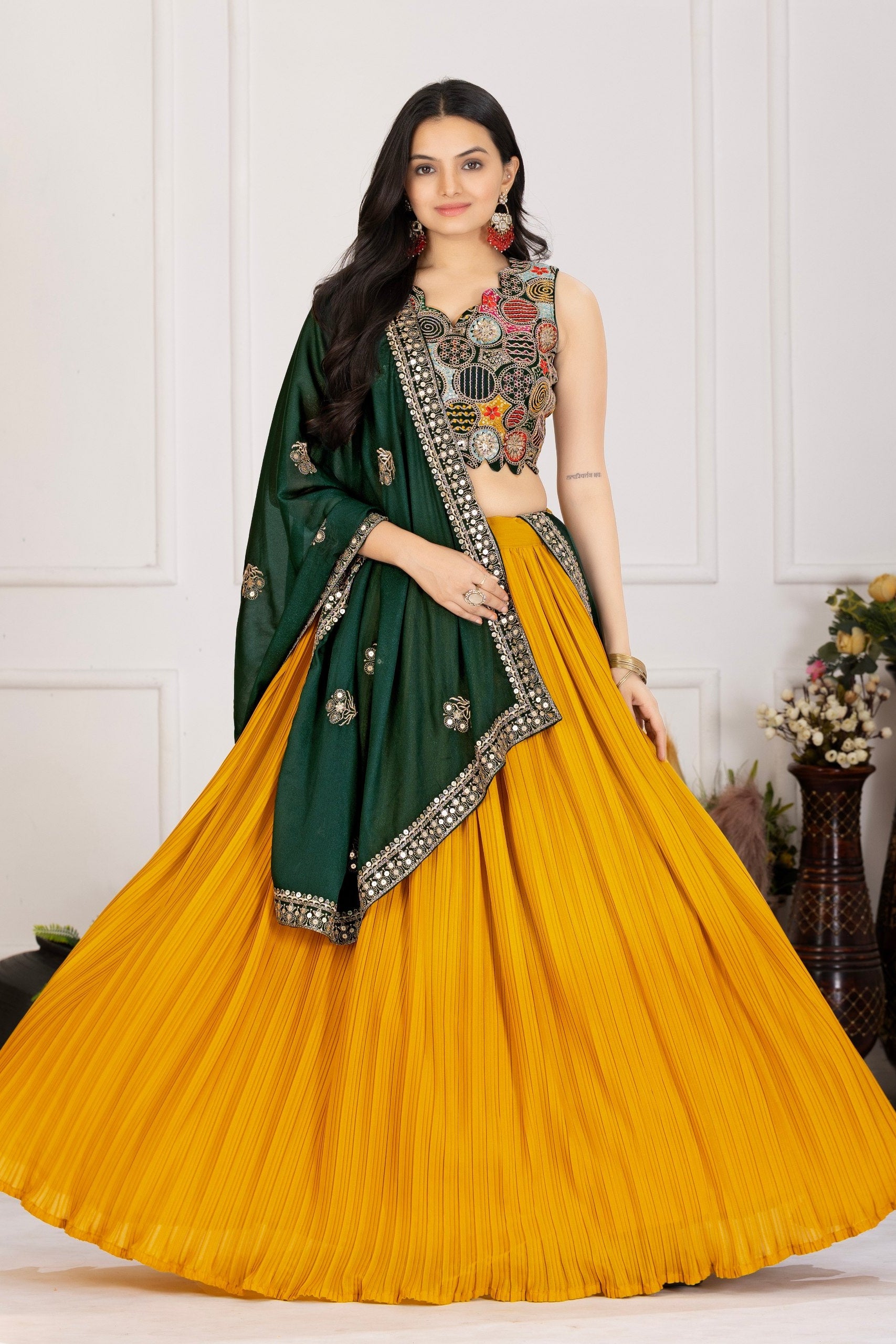 Women's Mustard Yellow Pleated Lehenga Choli with Dark Green Embroidered Dupatta | Designer Festive, Navratri, Wedding & Party Wear Lehenga Set