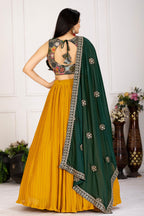 Women's Mustard Yellow Pleated Lehenga Choli with Dark Green Embroidered Dupatta | Designer Festive, Navratri, Wedding & Party Wear Lehenga Set