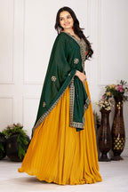 Women's Mustard Yellow Pleated Lehenga Choli with Dark Green Embroidered Dupatta | Designer Festive, Navratri, Wedding & Party Wear Lehenga Set