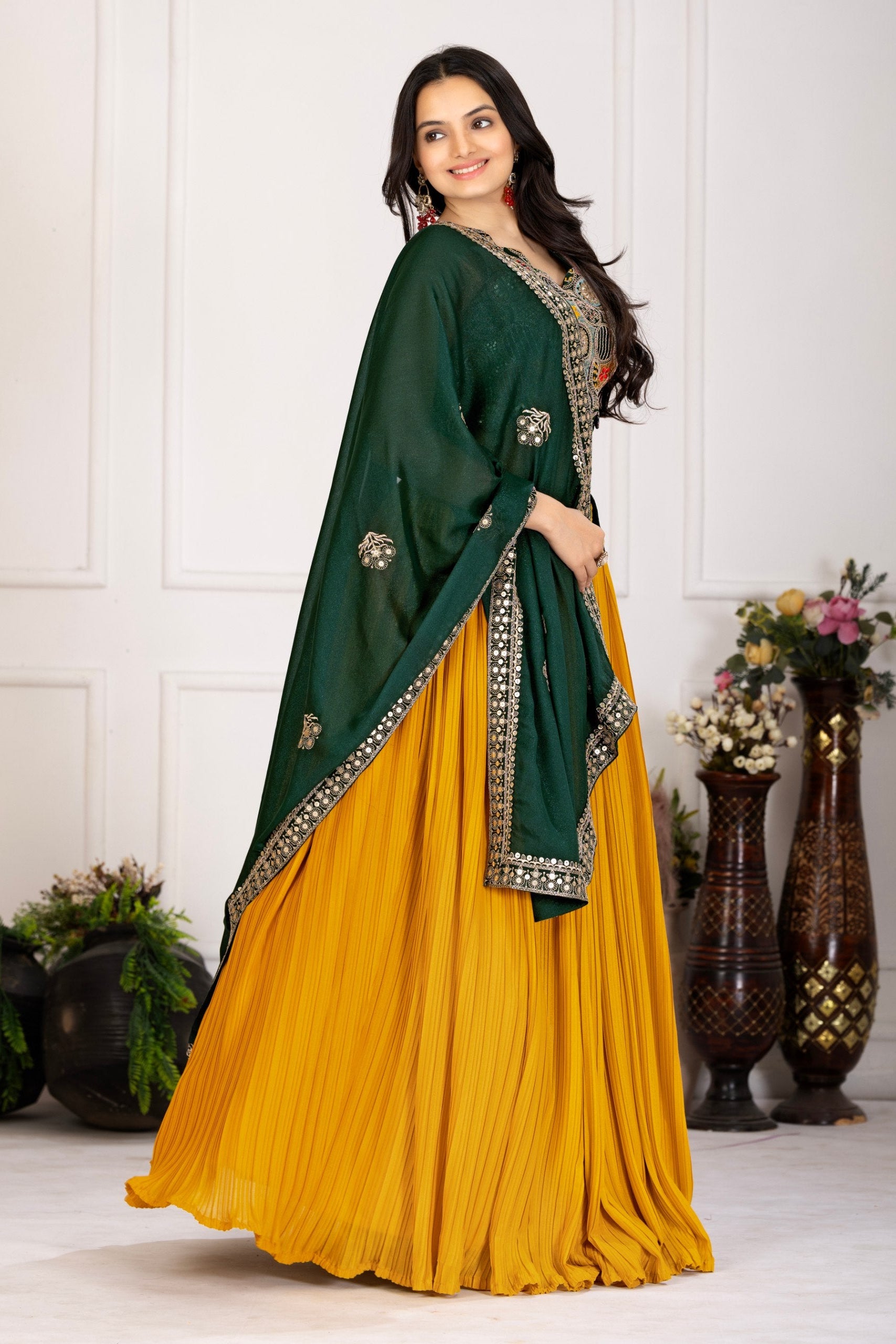 Women's Mustard Yellow Pleated Lehenga Choli with Dark Green Embroidered Dupatta | Designer Festive, Navratri, Wedding & Party Wear Lehenga Set