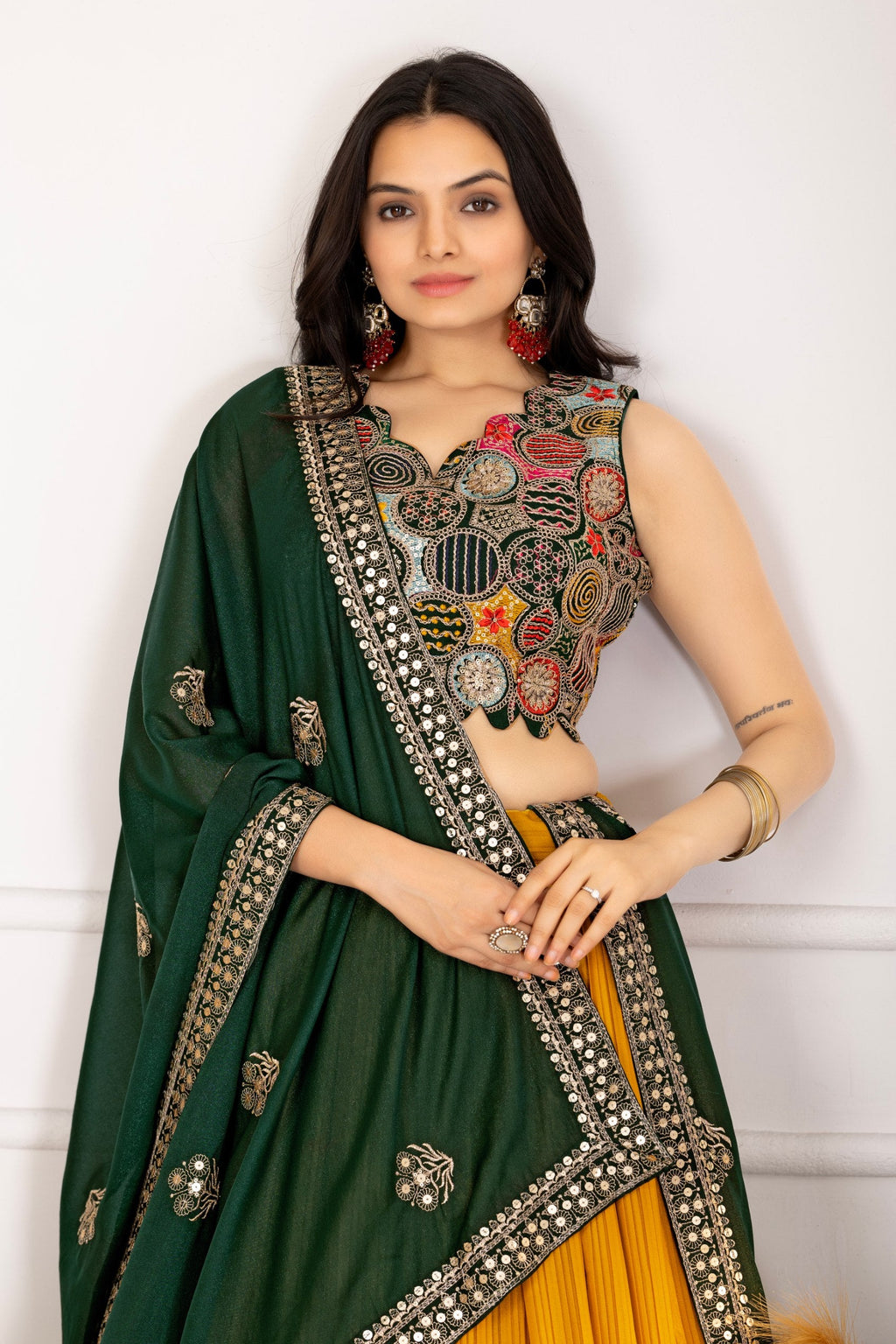 Women's Mustard Yellow Pleated Lehenga Choli with Dark Green Embroidered Dupatta | Designer Festive, Navratri, Wedding & Party Wear Lehenga Set