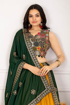 Women's Mustard Yellow Pleated Lehenga Choli with Dark Green Embroidered Dupatta | Designer Festive, Navratri, Wedding & Party Wear Lehenga Set