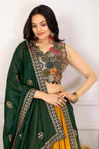 Women's Mustard Yellow Pleated Lehenga Choli with Dark Green Embroidered Dupatta | Designer Festive, Navratri, Wedding & Party Wear Lehenga Set