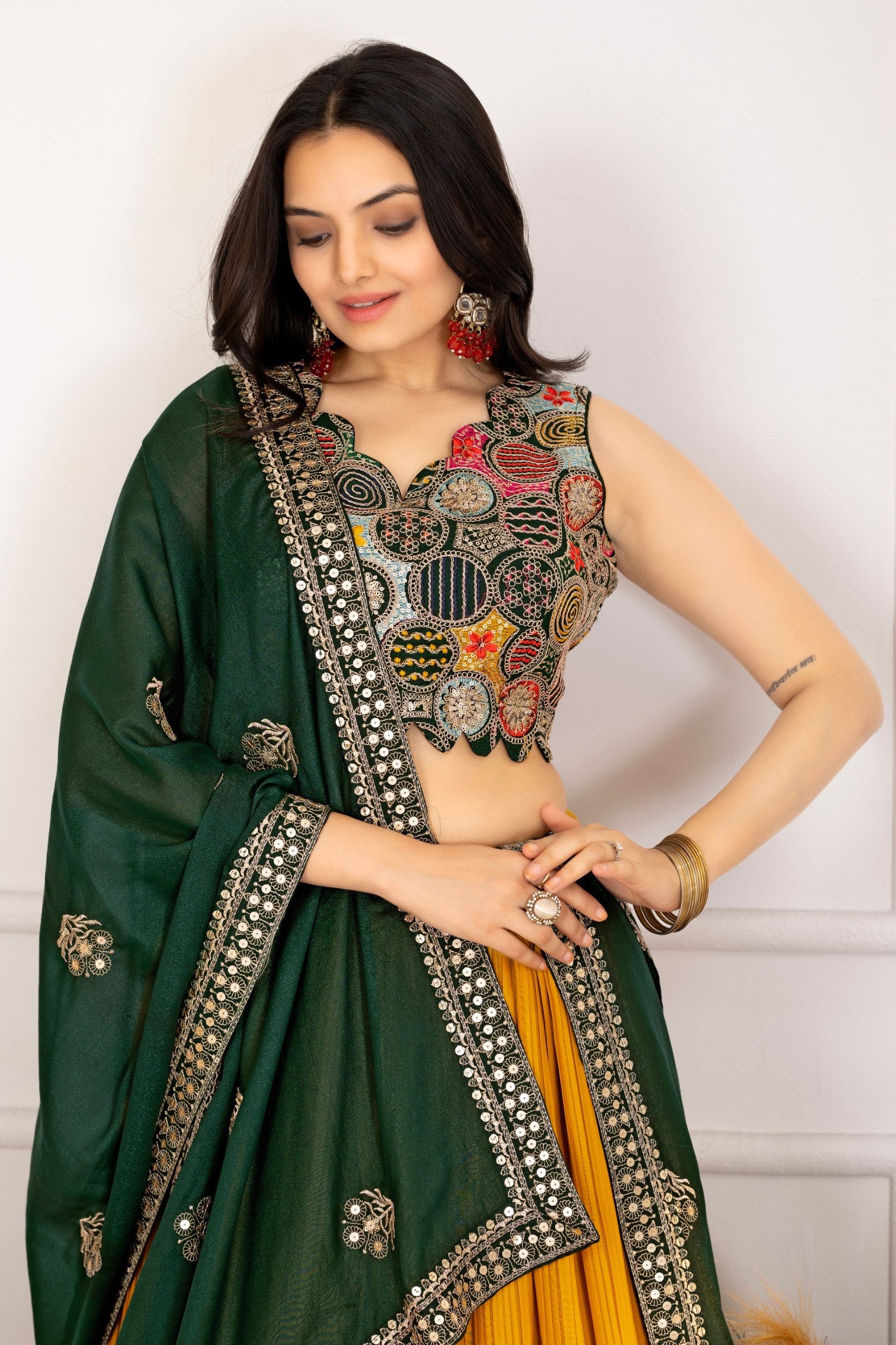 Women's Mustard Yellow Pleated Lehenga Choli with Dark Green Embroidered Dupatta | Designer Festive, Navratri, Wedding & Party Wear Lehenga Set