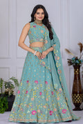 Women's Firozi Floral Embroidered Semi-Stitched Lehenga Choli with Embroidered Georgette Dupatta | Designer Wedding, Reception, Engagement & Party Wear Lehenga Set
