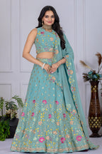 Women's Firozi Floral Embroidered Semi-Stitched Lehenga Choli with Embroidered Georgette Dupatta | Designer Wedding, Reception, Engagement & Party Wear Lehenga Set