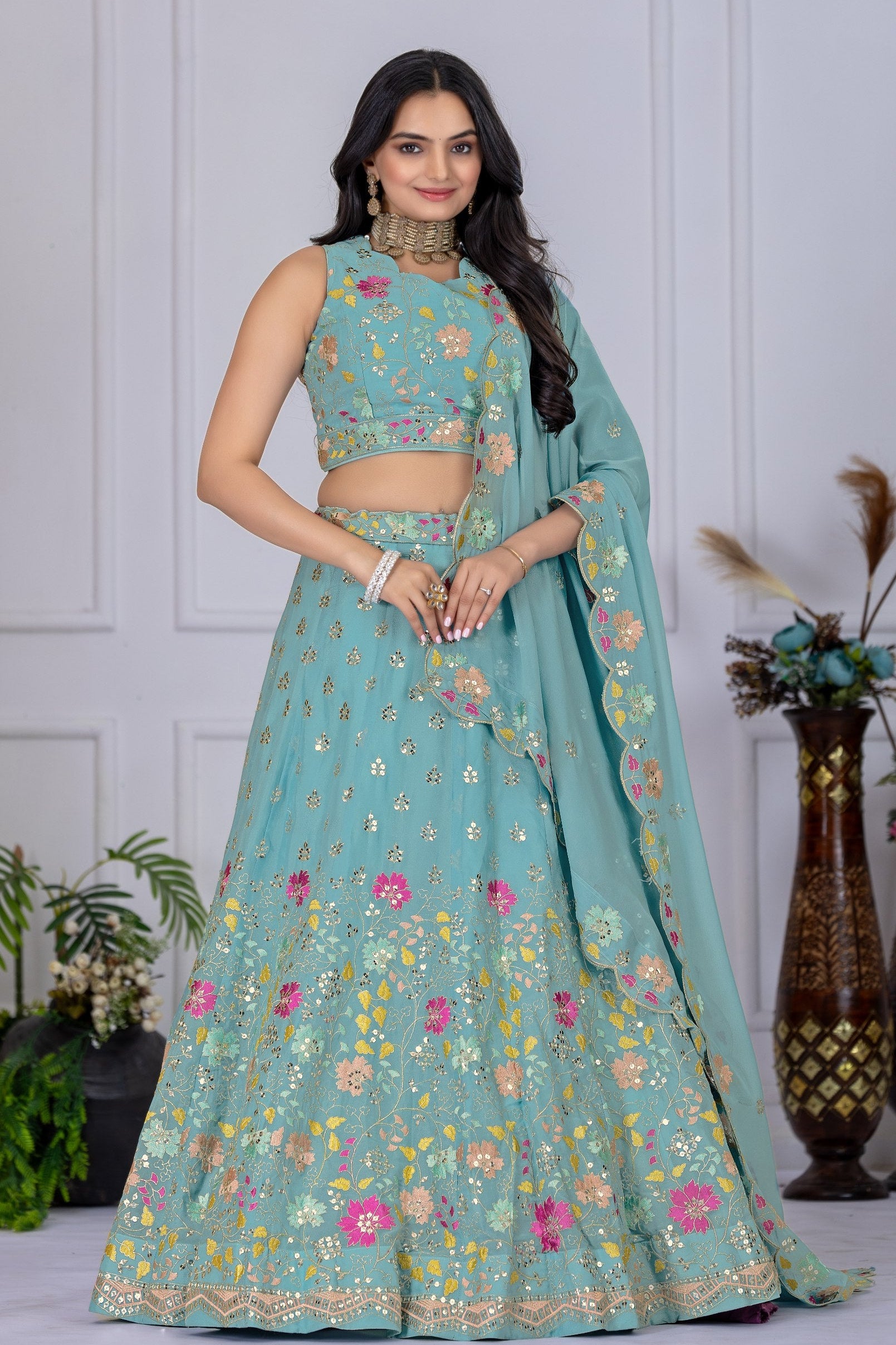 Women's Firozi Floral Embroidered Semi-Stitched Lehenga Choli with Embroidered Georgette Dupatta | Designer Wedding, Reception, Engagement & Party Wear Lehenga Set