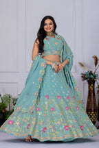 Women's Firozi Floral Embroidered Semi-Stitched Lehenga Choli with Embroidered Georgette Dupatta | Designer Wedding, Reception, Engagement & Party Wear Lehenga Set