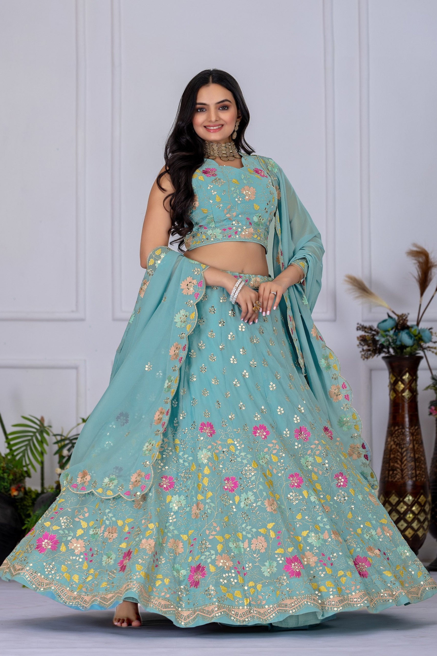 Women's Firozi Floral Embroidered Semi-Stitched Lehenga Choli with Embroidered Georgette Dupatta | Designer Wedding, Reception, Engagement & Party Wear Lehenga Set