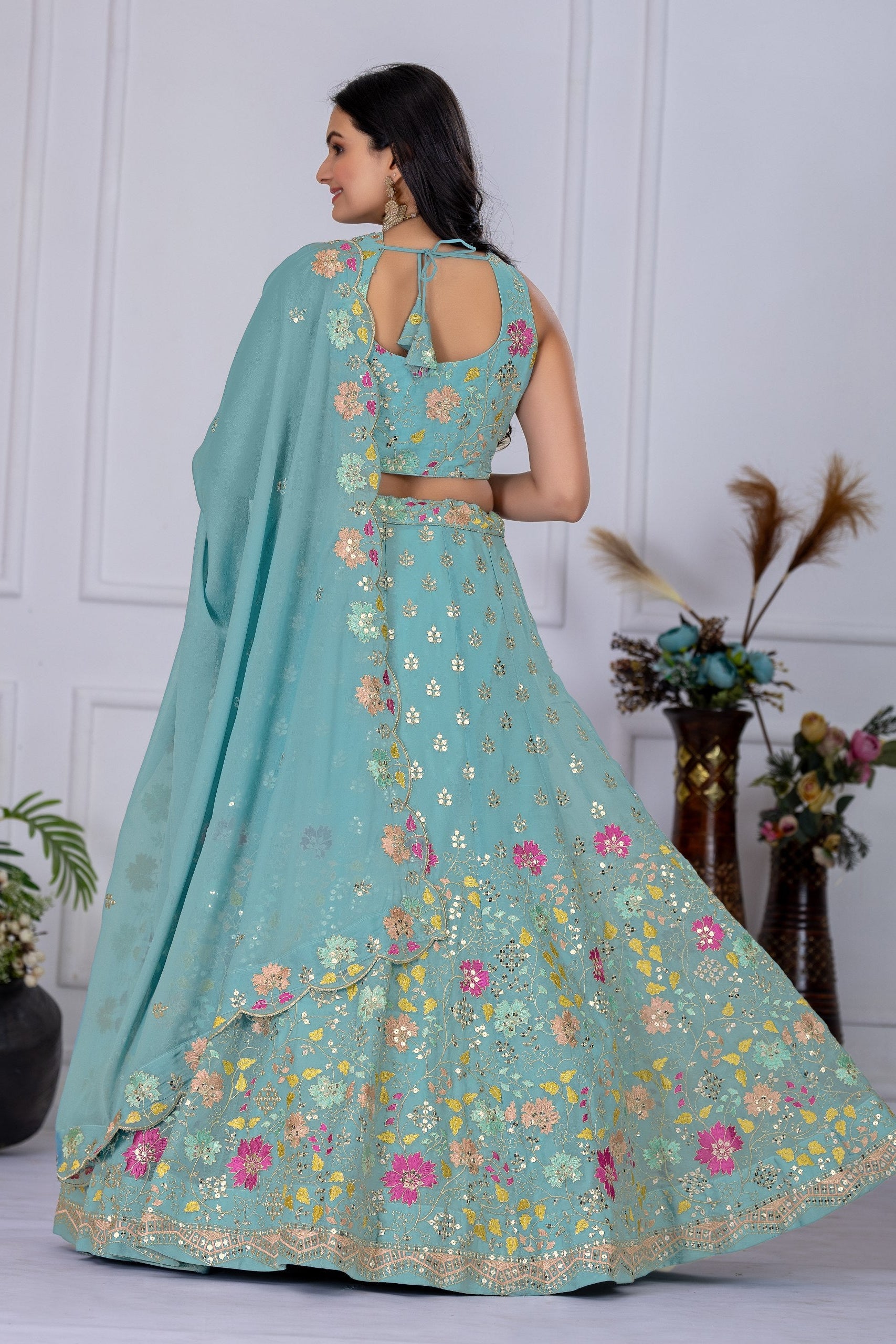 Women's Firozi Floral Embroidered Semi-Stitched Lehenga Choli with Embroidered Georgette Dupatta | Designer Wedding, Reception, Engagement & Party Wear Lehenga Set