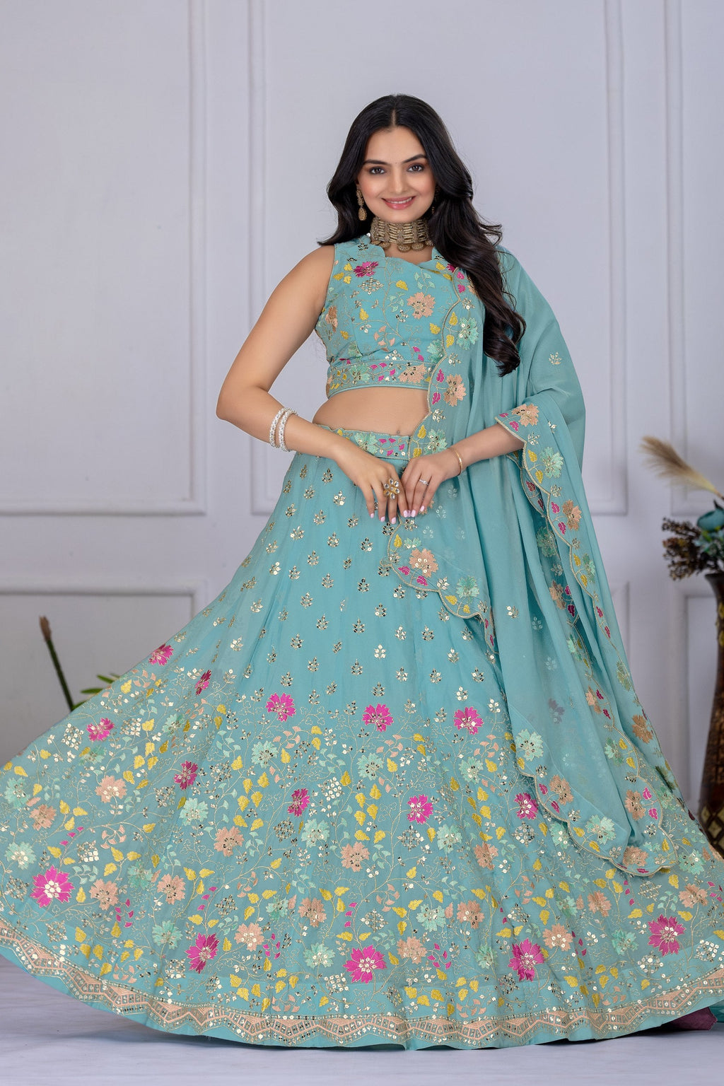 Women's Firozi Floral Embroidered Semi-Stitched Lehenga Choli with Embroidered Georgette Dupatta | Designer Wedding, Reception, Engagement & Party Wear Lehenga Set