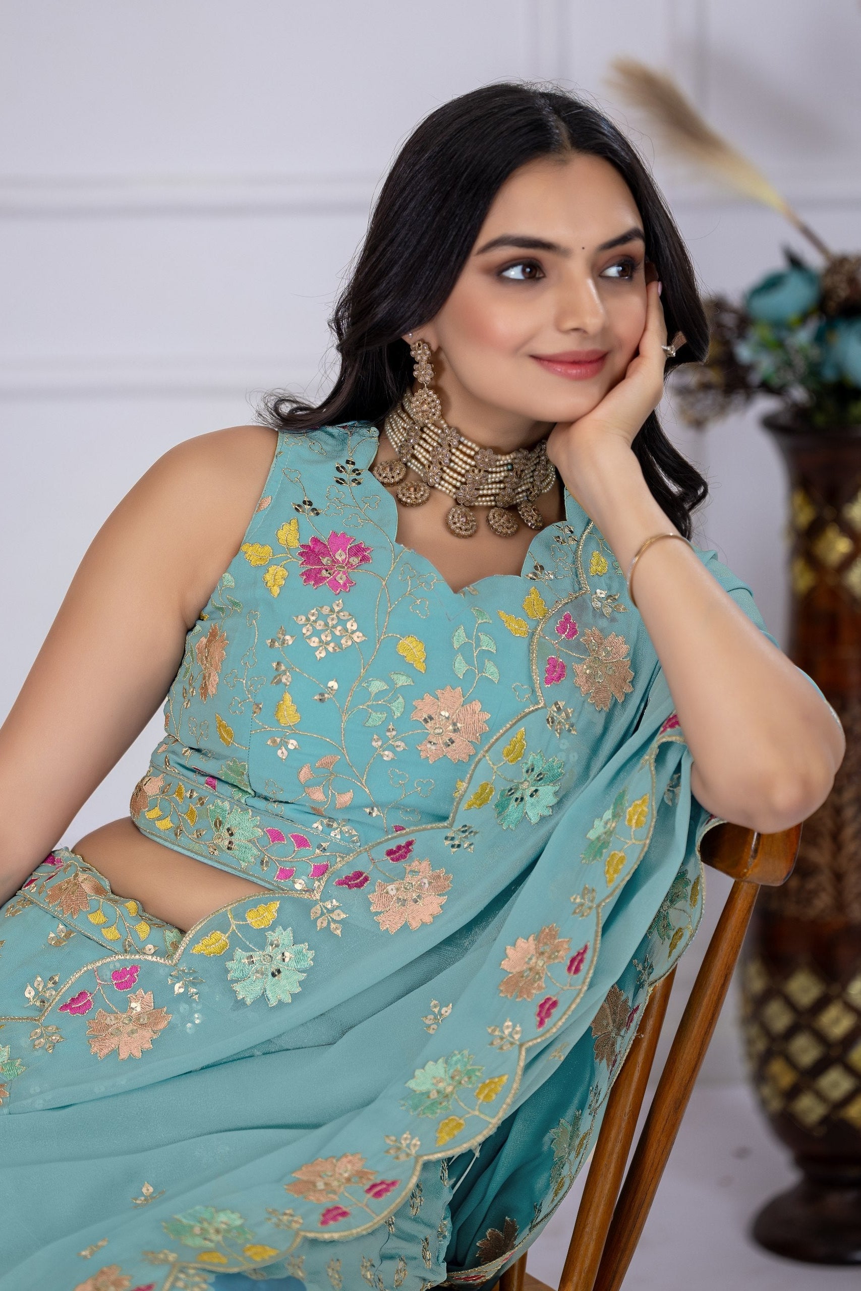 Women's Firozi Floral Embroidered Semi-Stitched Lehenga Choli with Embroidered Georgette Dupatta | Designer Wedding, Reception, Engagement & Party Wear Lehenga Set