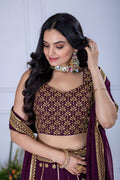 Women's Wine Heavy Embroidered Semi-Stitched Lehenga Choli with Embroidered Georgette Dupatta | Designer Wedding, Reception, Engagement & Party Wear Lehenga Set