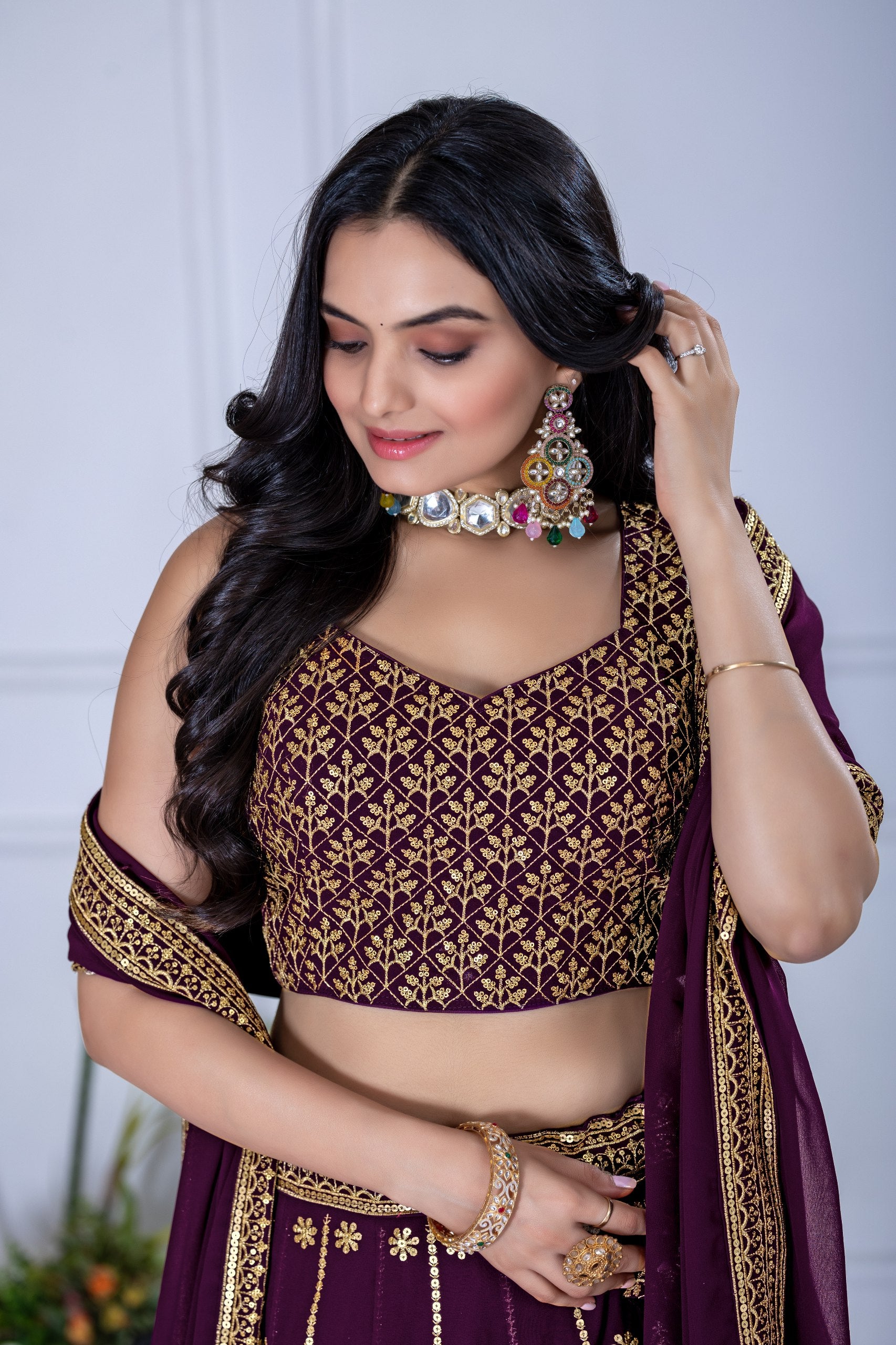 Women's Wine Heavy Embroidered Semi-Stitched Lehenga Choli with Embroidered Georgette Dupatta | Designer Wedding, Reception, Engagement & Party Wear Lehenga Set