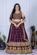 Women's Wine Heavy Embroidered Semi-Stitched Lehenga Choli with Embroidered Georgette Dupatta | Designer Wedding, Reception, Engagement & Party Wear Lehenga Set
