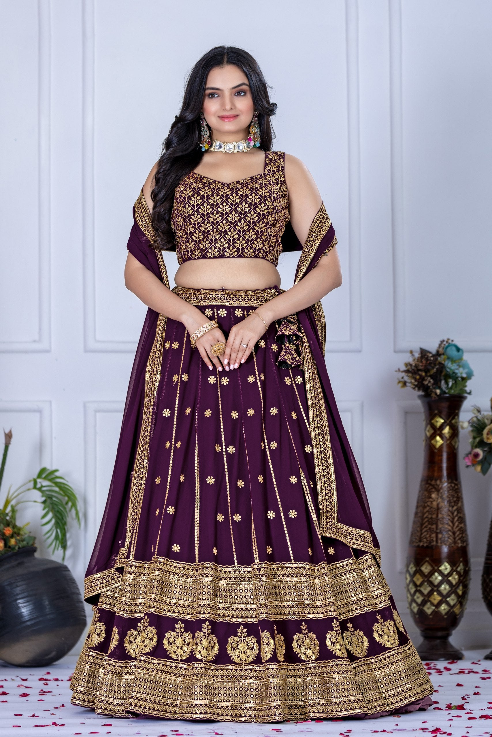 Women's Wine Heavy Embroidered Semi-Stitched Lehenga Choli with Embroidered Georgette Dupatta | Designer Wedding, Reception, Engagement & Party Wear Lehenga Set