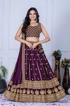 Women's Wine Heavy Embroidered Semi-Stitched Lehenga Choli with Embroidered Georgette Dupatta | Designer Wedding, Reception, Engagement & Party Wear Lehenga Set