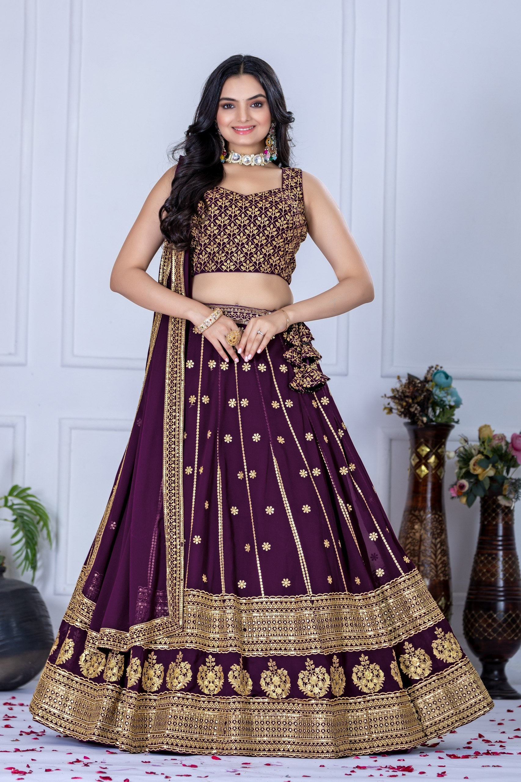 Women's Wine Heavy Embroidered Semi-Stitched Lehenga Choli with Embroidered Georgette Dupatta | Designer Wedding, Reception, Engagement & Party Wear Lehenga Set