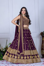 Women's Wine Heavy Embroidered Semi-Stitched Lehenga Choli with Embroidered Georgette Dupatta | Designer Wedding, Reception, Engagement & Party Wear Lehenga Set