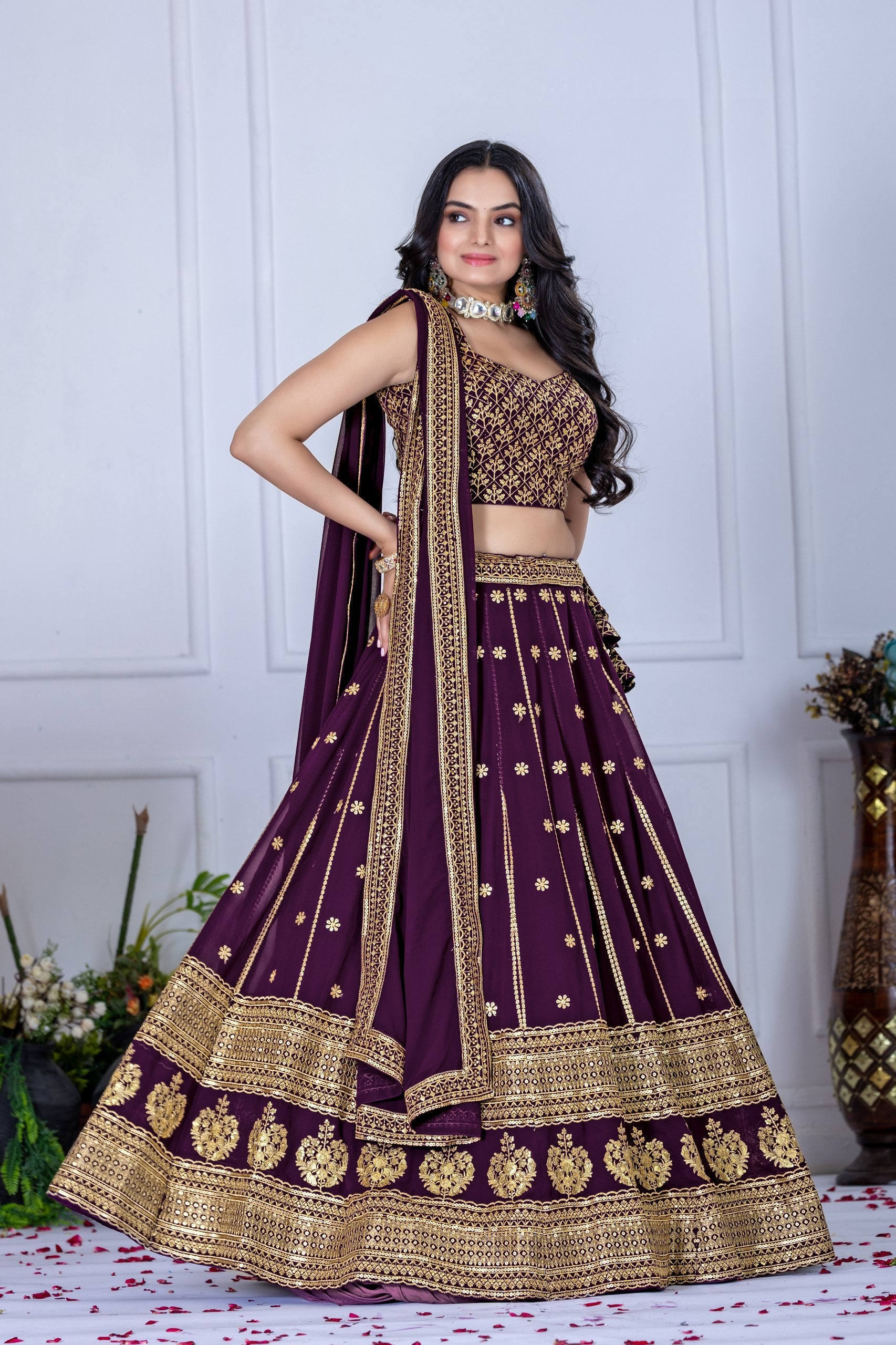 Women's Wine Heavy Embroidered Semi-Stitched Lehenga Choli with Embroidered Georgette Dupatta | Designer Wedding, Reception, Engagement & Party Wear Lehenga Set