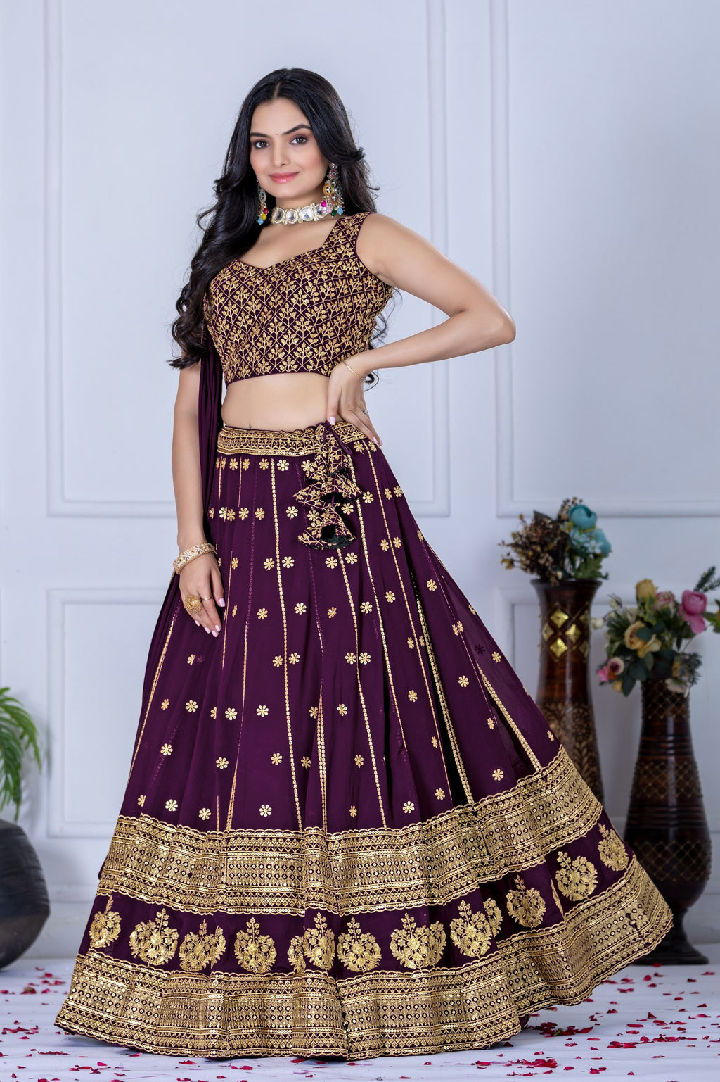 Women's Wine Heavy Embroidered Semi-Stitched Lehenga Choli with Embroidered Georgette Dupatta | Designer Wedding, Reception, Engagement & Party Wear Lehenga Set