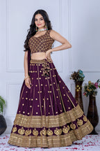Women's Wine Heavy Embroidered Semi-Stitched Lehenga Choli with Embroidered Georgette Dupatta | Designer Wedding, Reception, Engagement & Party Wear Lehenga Set